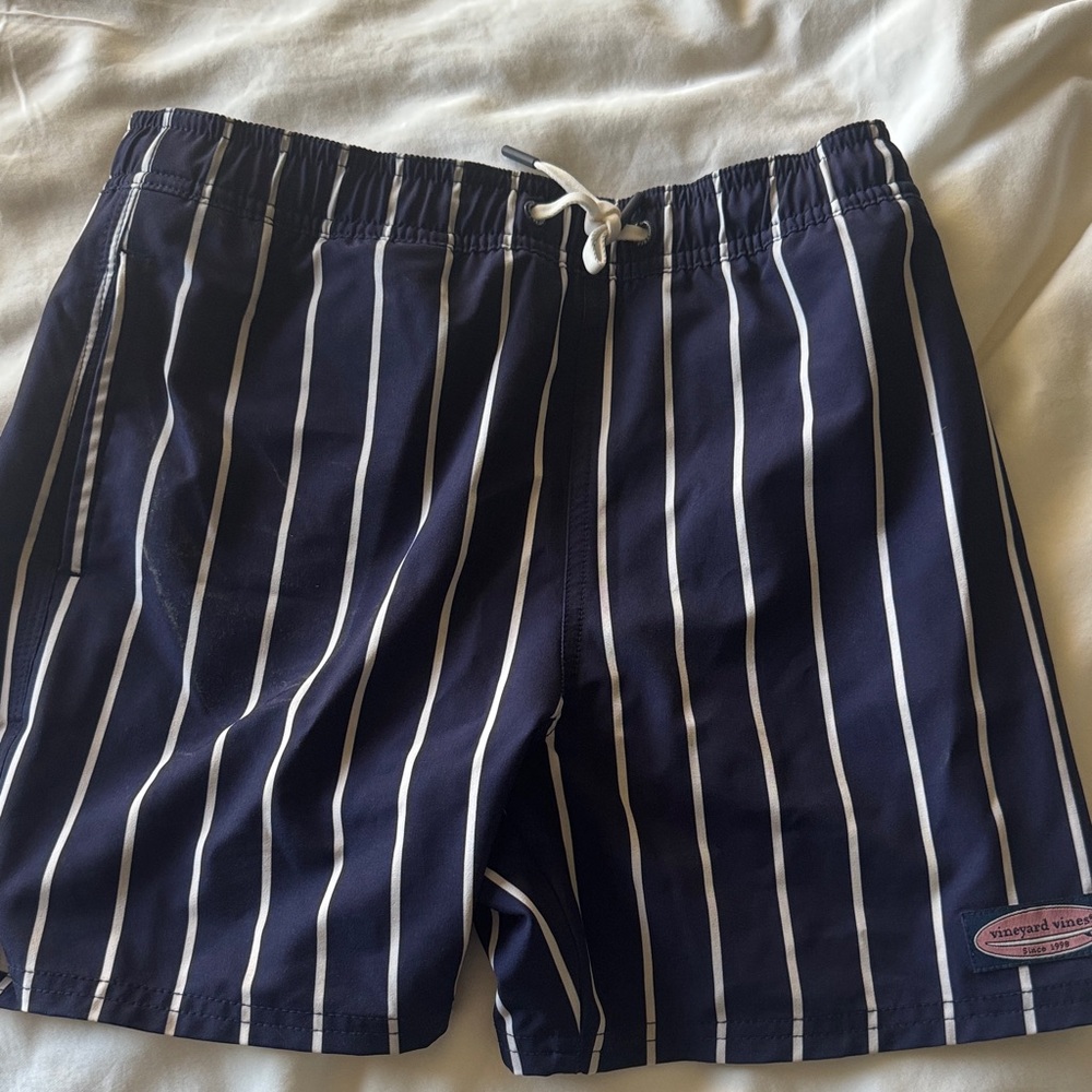 Boys (M) Vineyard Vines Navy Stripe Swim Trunks with White Drawstring